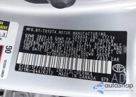 2015 Toyota Corolla Le z USA, uszkodzony, nr VIN 2T1BURHE6FC308127